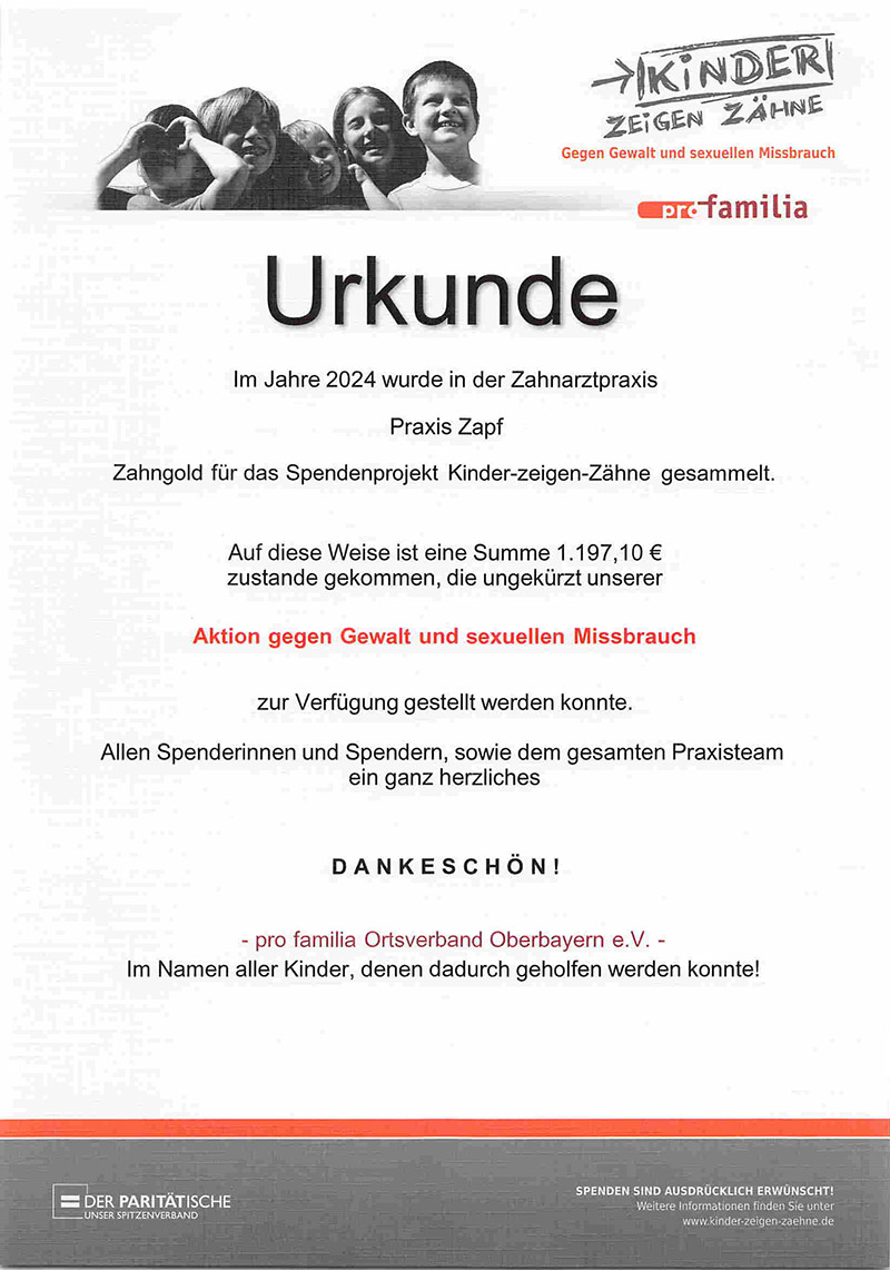 Urkunde Spendenaktion Pro Familia